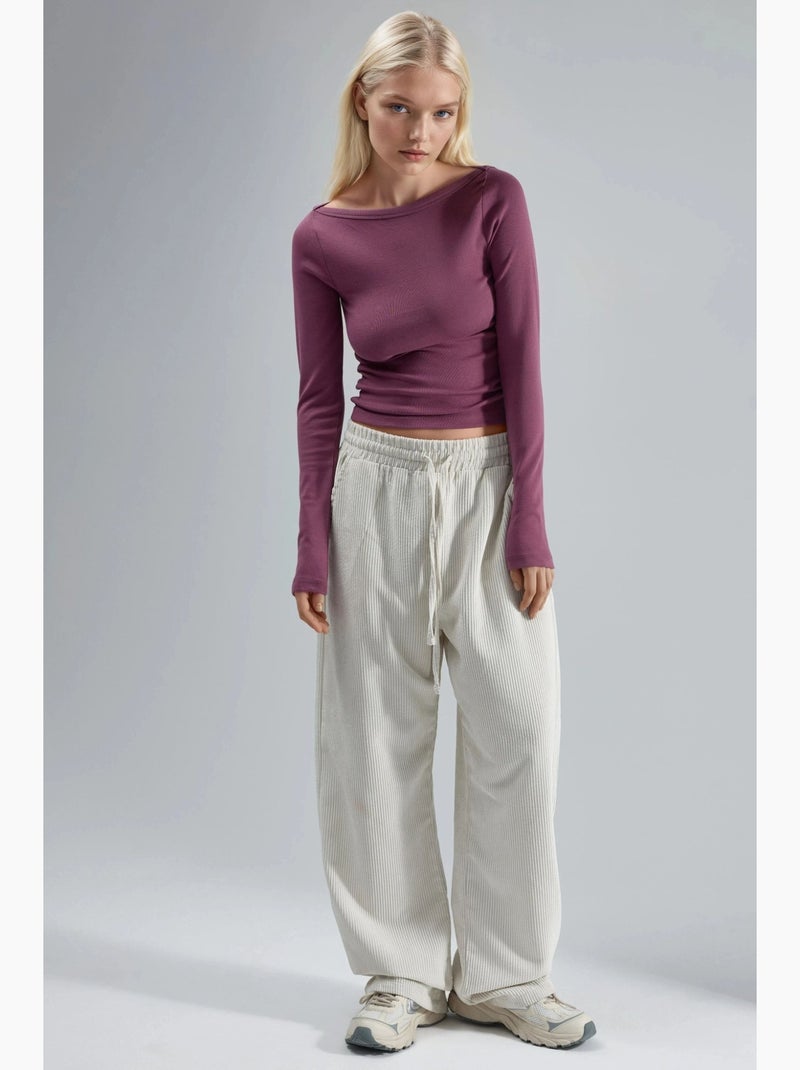 T-shirt aansluitend ribgebreid boothals lange mouw busem Mauve - Kiabi