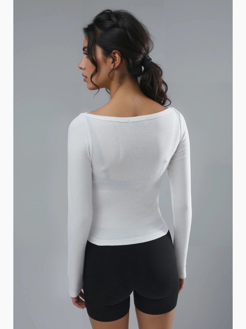 T-shirt aansluitend ribgebreid boothals lange mouw busem Wit - Kiabi