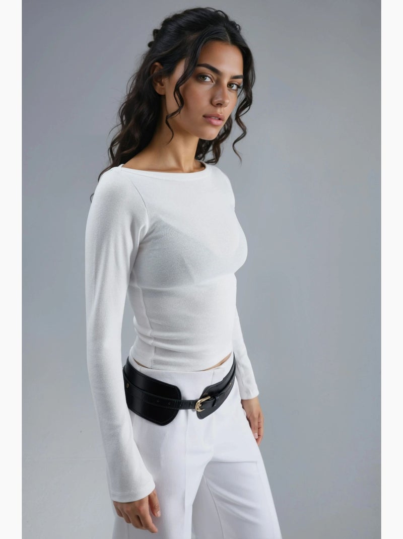 T-shirt aansluitend ribgebreid boothals lange mouw busem Wit - Kiabi