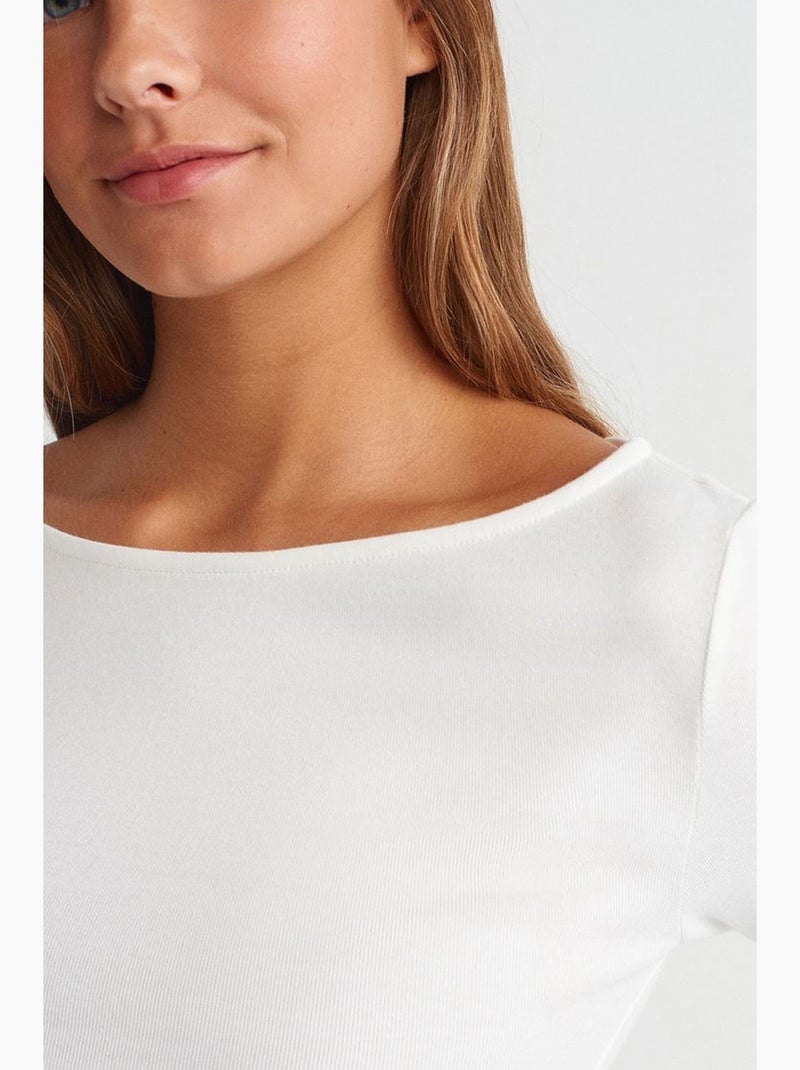 T-shirt aansluitend ribgebreid boothals lange mouw dilvin Gebroken wit - Kiabi