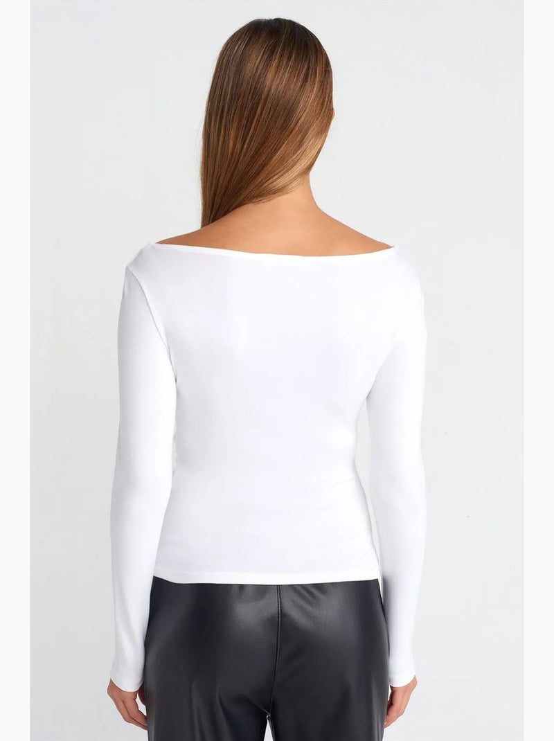 T-shirt aansluitend ribgebreid boothals lange mouw dilvin Wit - Kiabi