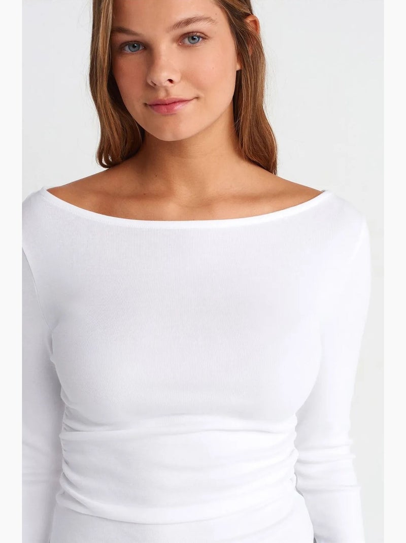 T-shirt aansluitend ribgebreid boothals lange mouw dilvin Wit - Kiabi