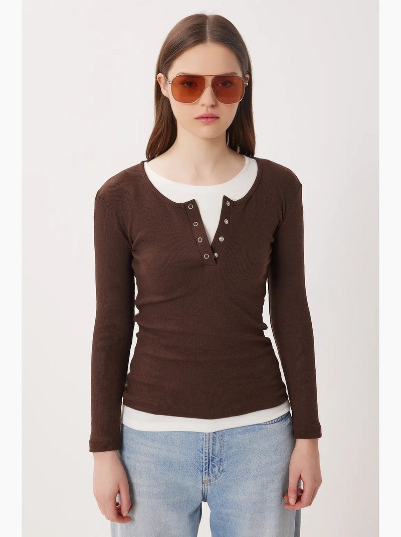 T-shirt aansluitend ribgebreid met knopen lange mouw istanbul Chocoladebruin - Kiabi