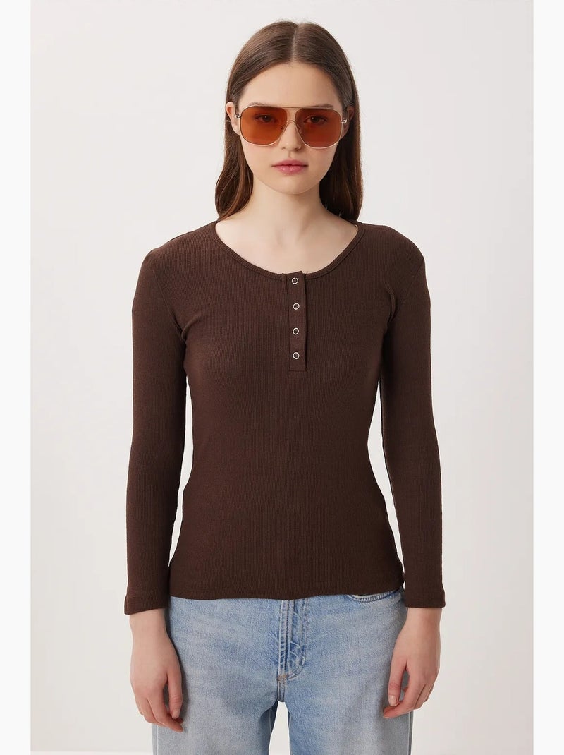 T-shirt aansluitend ribgebreid met knopen lange mouw istanbul Chocoladebruin - Kiabi