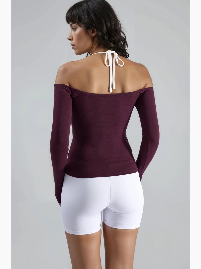 T-shirt aansluitend u-hals contrasterende biezen lange mouw busem Mauve - Kiabi