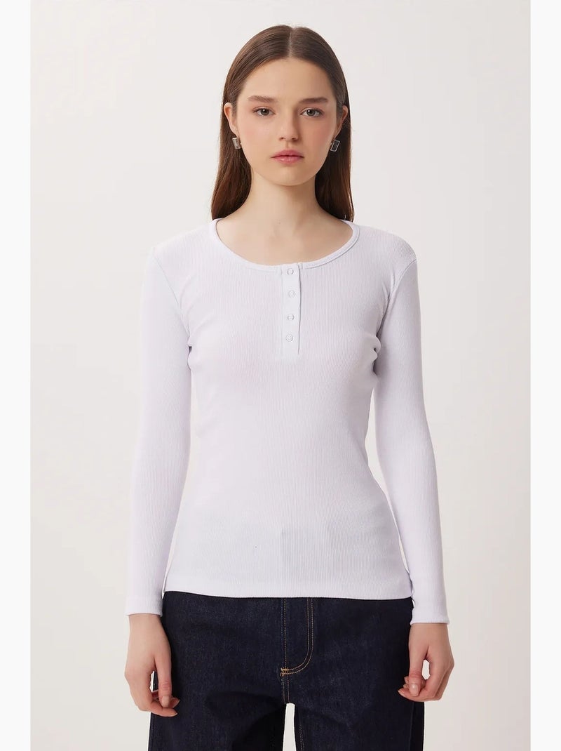 T-shirt aansluitend u-hals lange mouw istanbul Wit - Kiabi