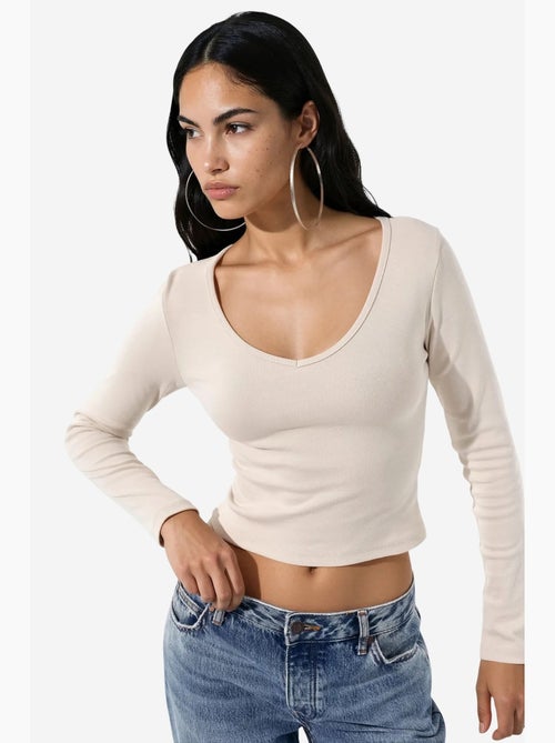 T-shirt aansluitend v-hals lange mouw busem - Kiabi T-shirt aansluitend v-hals lange mouw busem - Kiabi