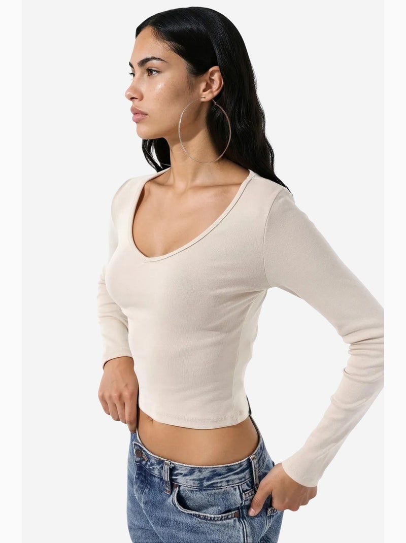 T-shirt aansluitend v-hals lange mouw busem Crème - Kiabi