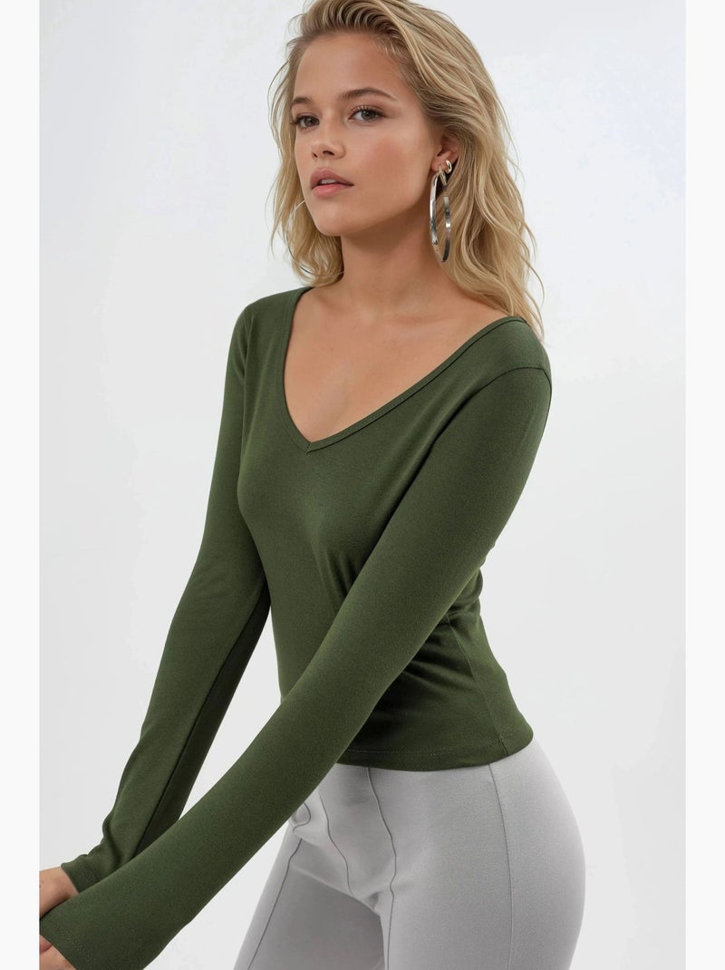 T-shirt aansluitend v-hals lange mouw busem Flesgroen - Kiabi