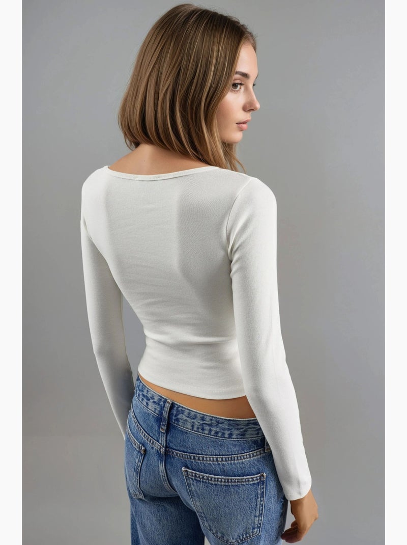 T-shirt aansluitend v-hals lange mouw busem Ivoor - Kiabi