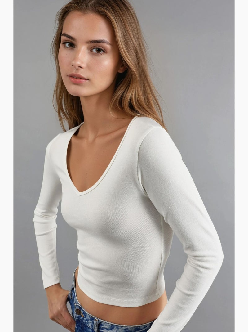 T-shirt aansluitend v-hals lange mouw busem Ivoor - Kiabi