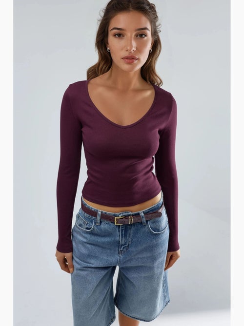 T-shirt aansluitend v-hals lange mouw busem - Kiabi T-shirt aansluitend v-hals lange mouw busem - Kiabi