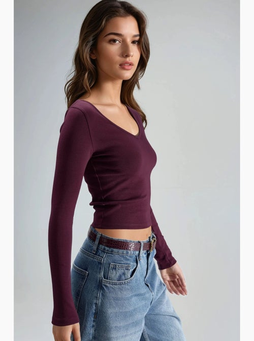 T-shirt aansluitend v-hals lange mouw busem - Kiabi T-shirt aansluitend v-hals lange mouw busem - Kiabi