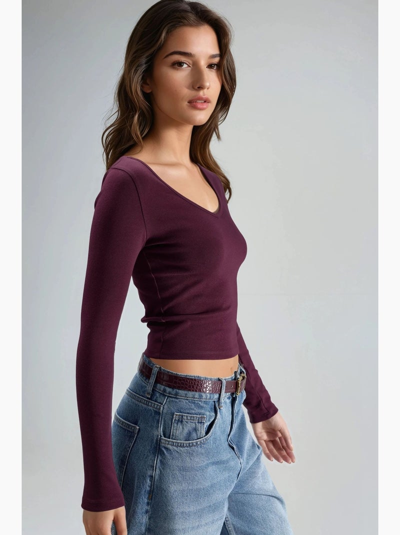 T-shirt aansluitend v-hals lange mouw busem Mauve - Kiabi