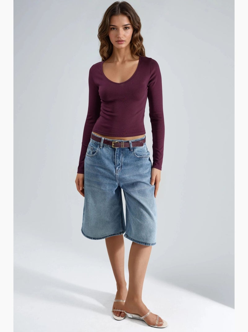 T-shirt aansluitend v-hals lange mouw busem Mauve - Kiabi