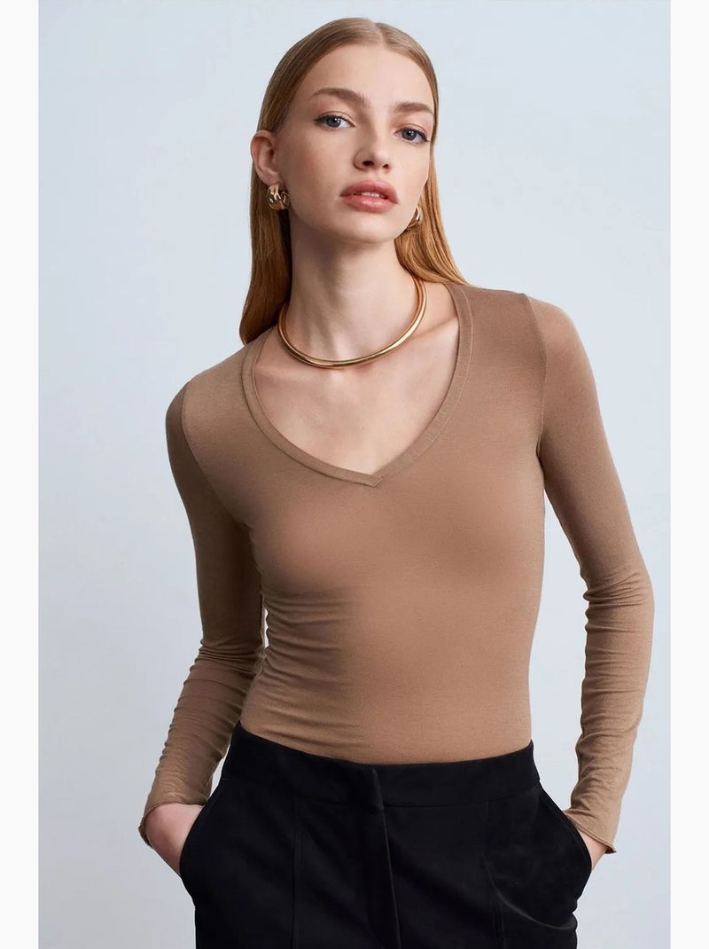 T-shirt aansluitend v-hals lange mouw dilvin Camel - Kiabi
