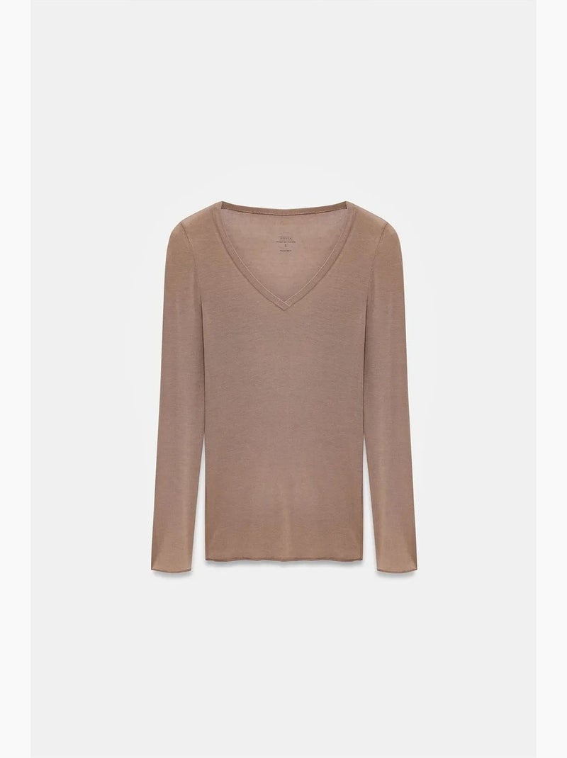 T-shirt aansluitend v-hals lange mouw dilvin Camel - Kiabi