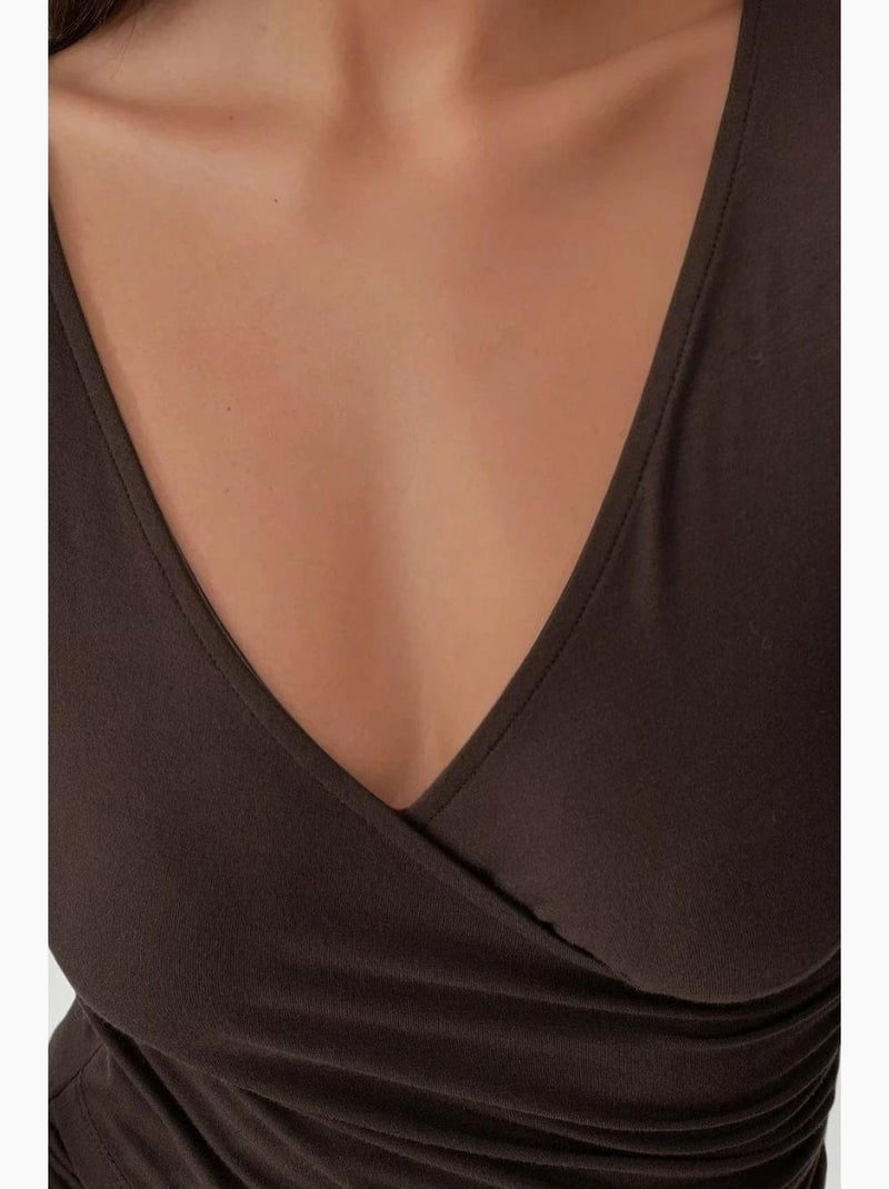 T-shirt aansluitend v-hals zacht lange mouw hiccup Donkerbruin - Kiabi