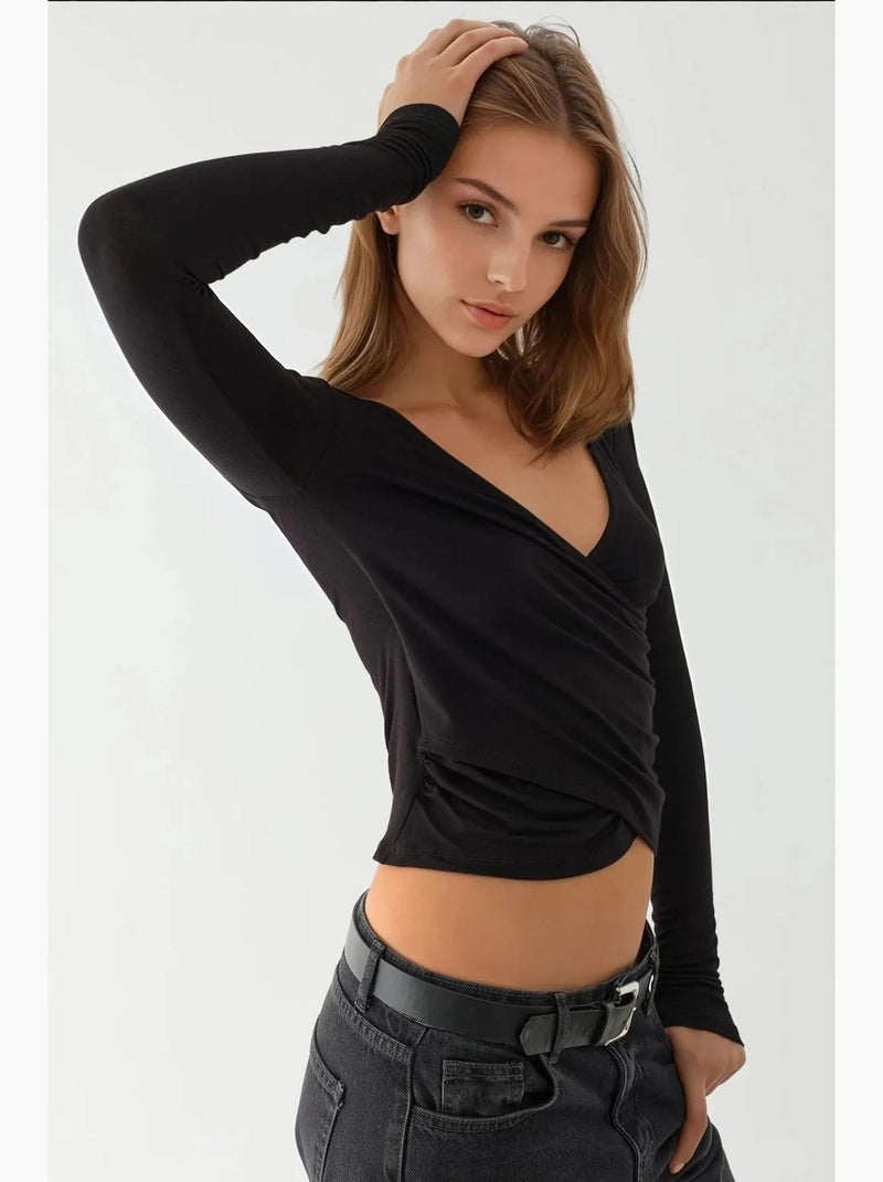 T-shirt aansluitend v-hals zacht lange mouw hiccup Zwart - Kiabi