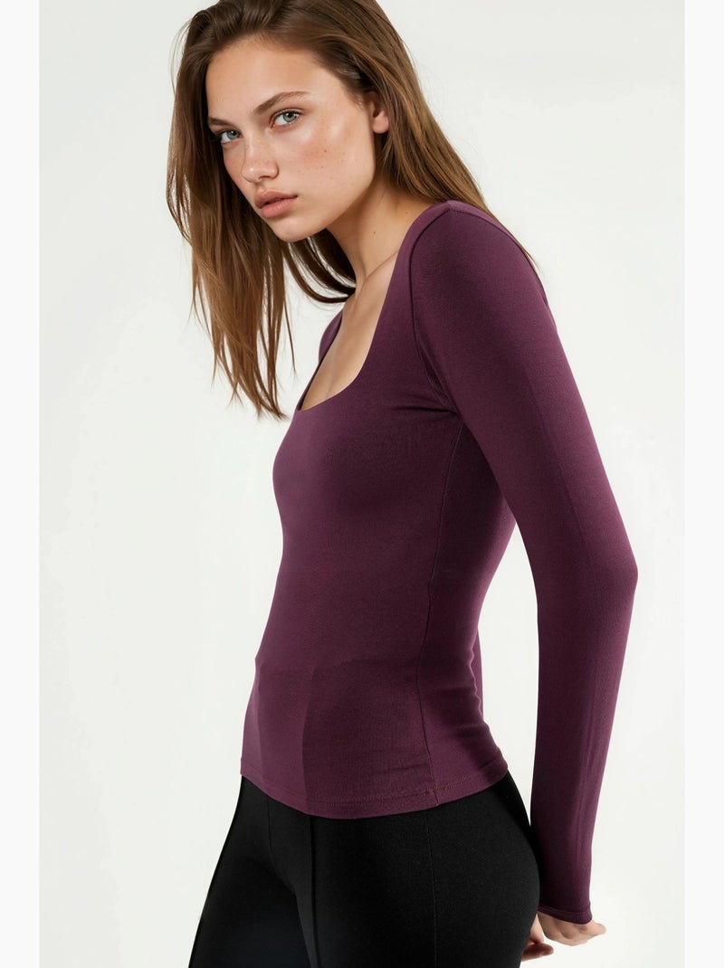 T-shirt aansluitend vierkante hals lange mouw busem Mauve - Kiabi