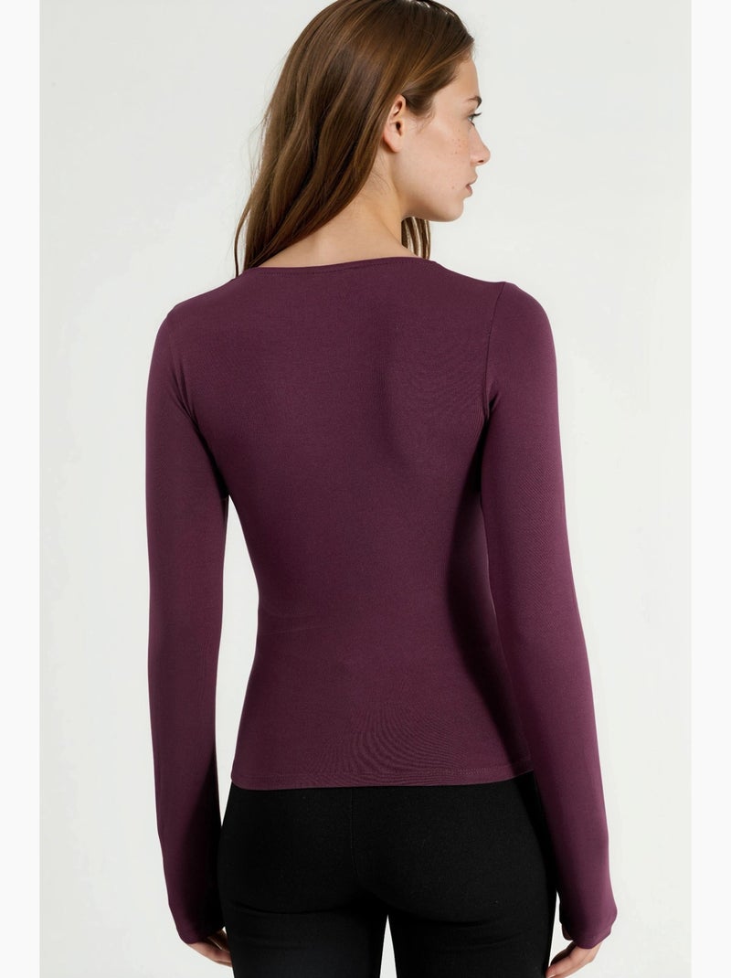 T-shirt aansluitend vierkante hals lange mouw busem Mauve - Kiabi