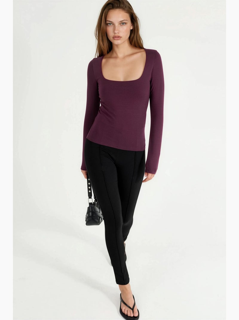 T-shirt aansluitend vierkante hals lange mouw busem Mauve - Kiabi