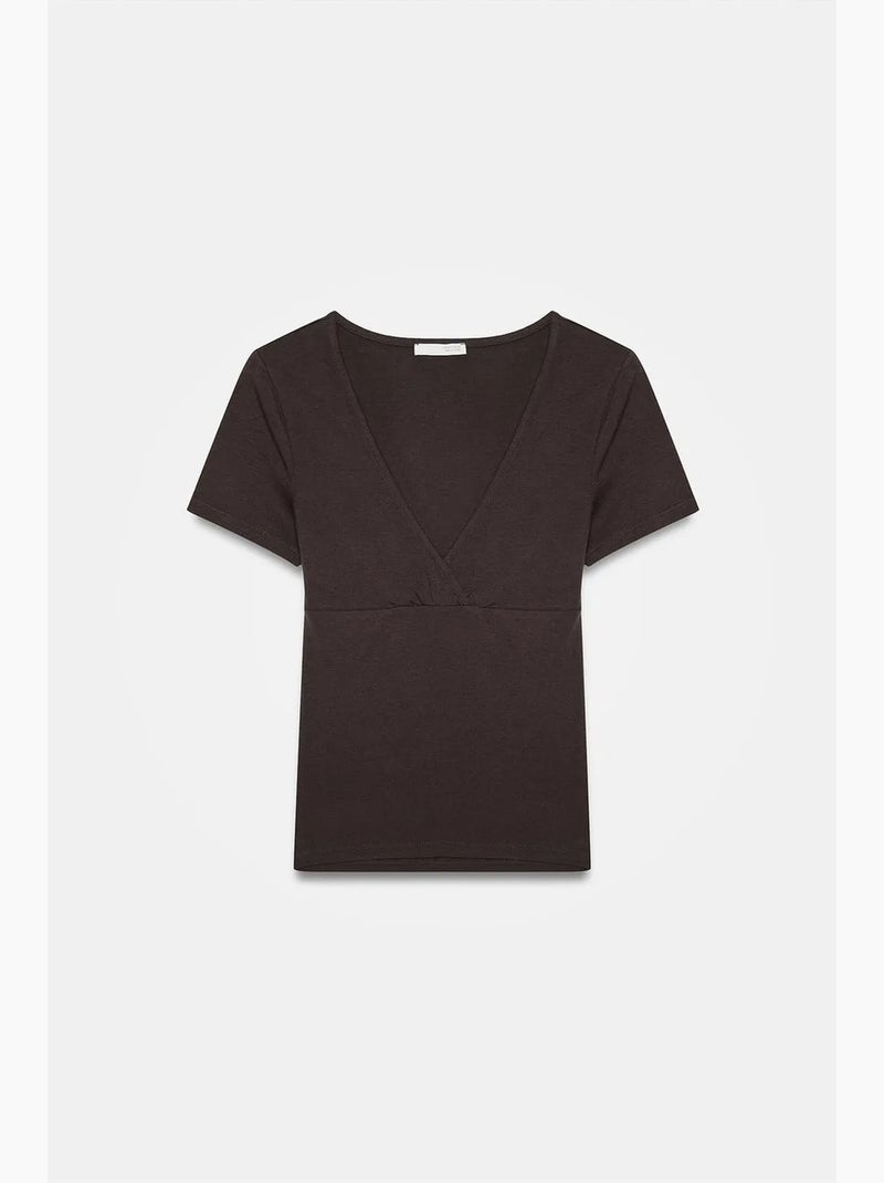 T-shirt ajusté à col v et manches courtes dilvin Marron chocolat - Kiabi