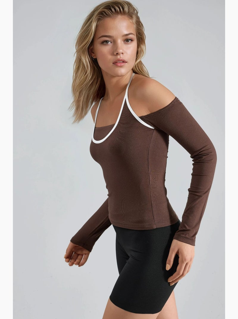 T-shirt ajusté col u bords contrastés manches longues busem Marron clair - Kiabi