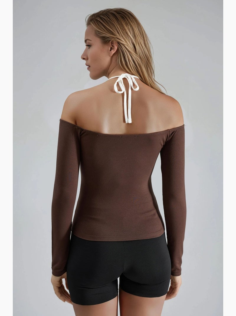 T-shirt ajusté col u bords contrastés manches longues busem Marron clair - Kiabi