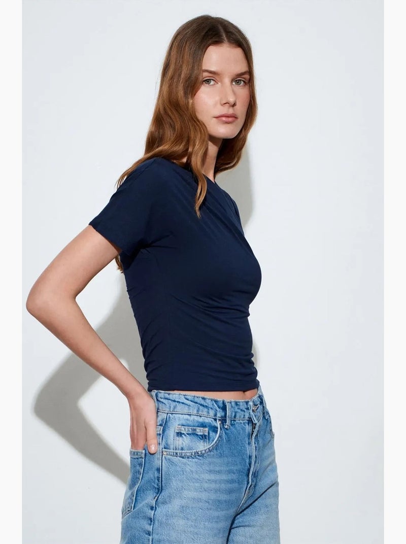 T-shirt ajusté col v jersey manches courtes dilvin Bleu marine - Kiabi