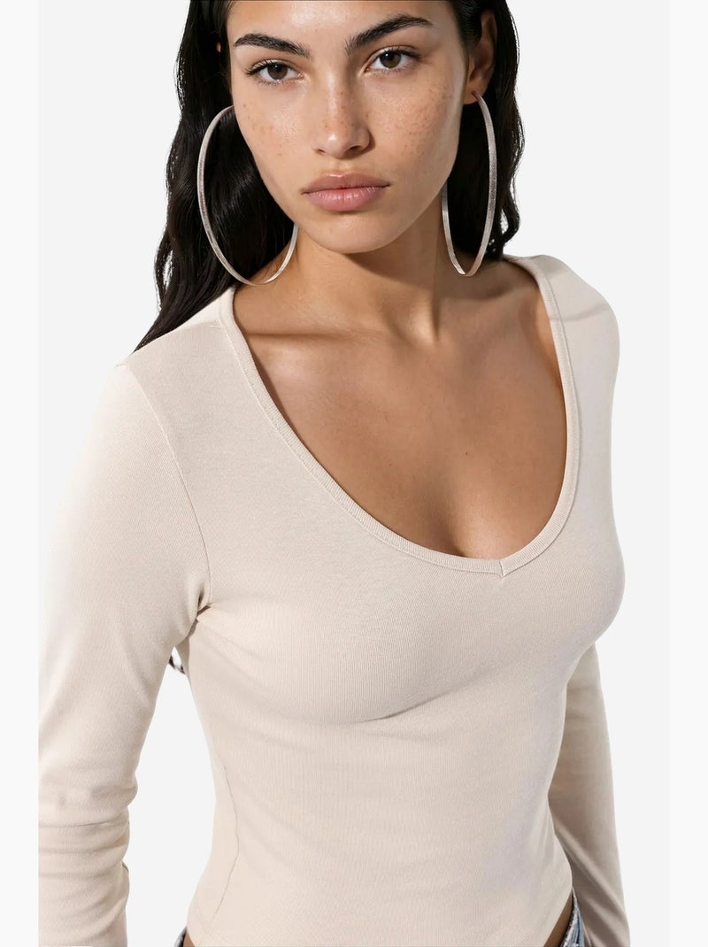 T-shirt ajusté col v manches longues busem Crème - Kiabi