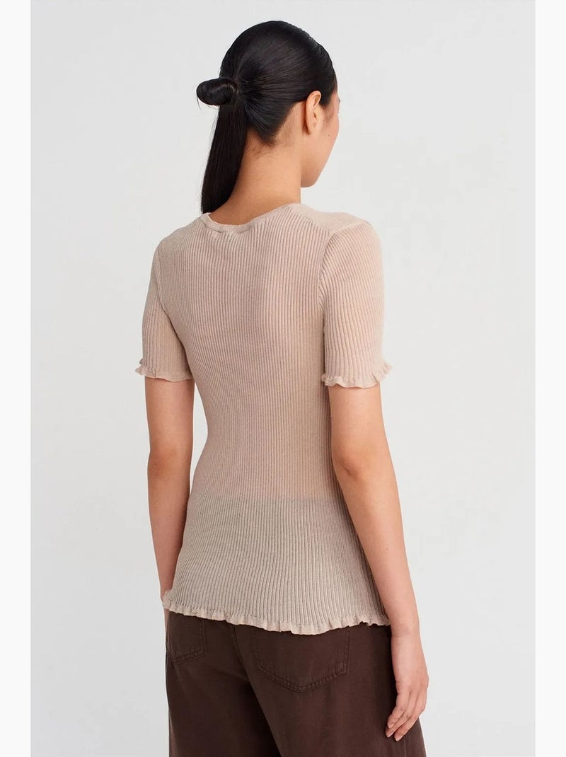 T-shirt ajusté côtelé volant manches courtes dilvin Beige argile - Kiabi