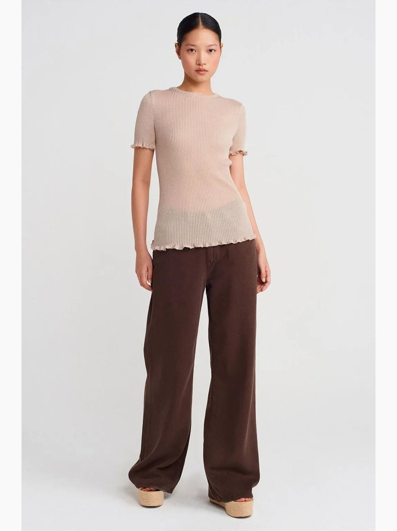 T-shirt ajusté côtelé volant manches courtes dilvin Beige argile - Kiabi