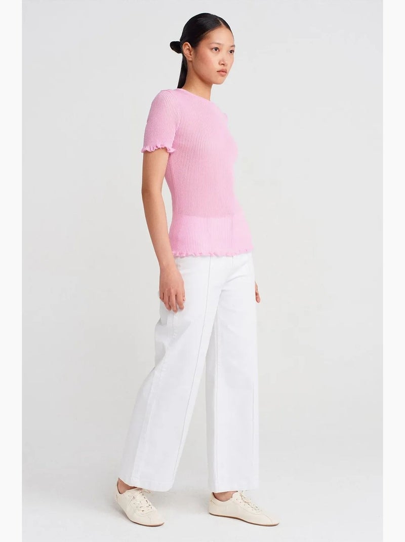 T-shirt ajusté côtelé volant manches courtes dilvin Rose - Kiabi