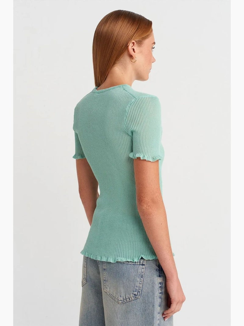 T-shirt ajusté côtelé volant manches courtes dilvin Vert menthe - Kiabi