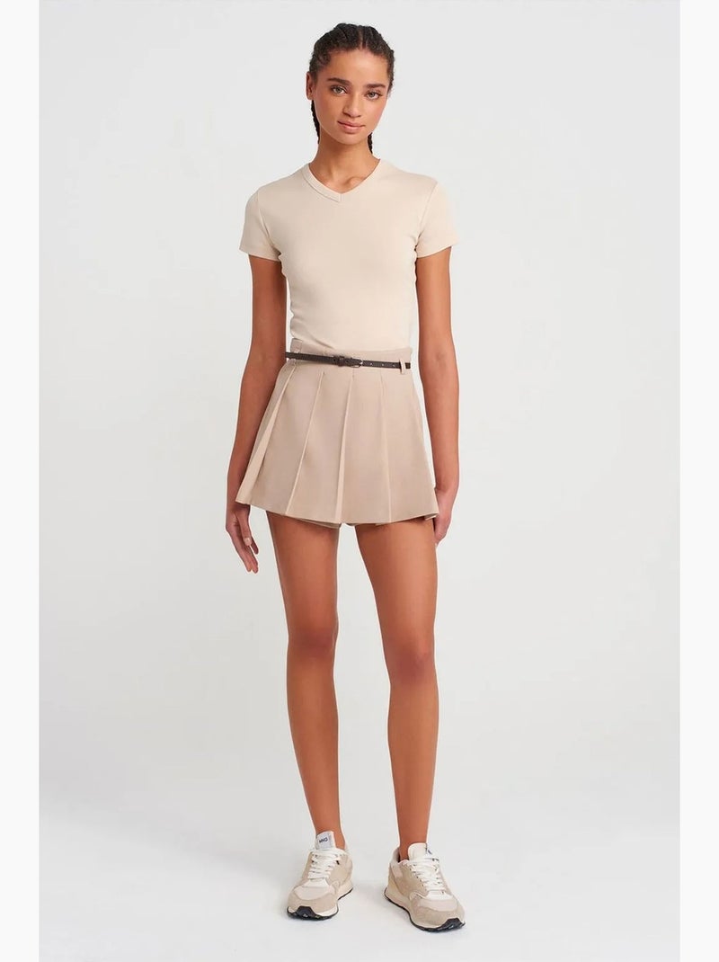 T-shirt ajusté en coton à col v dilvin Beige argile - Kiabi