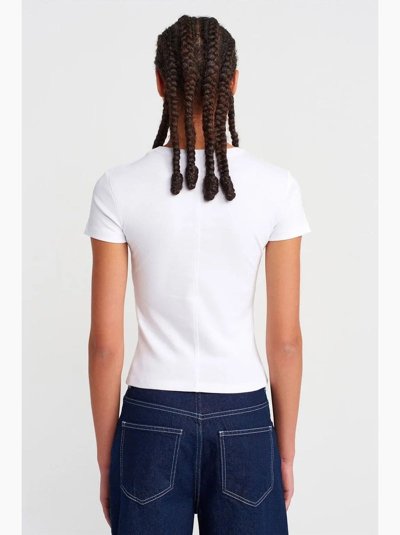 T-shirt ajusté en coton à col v dilvin Blanc - Kiabi