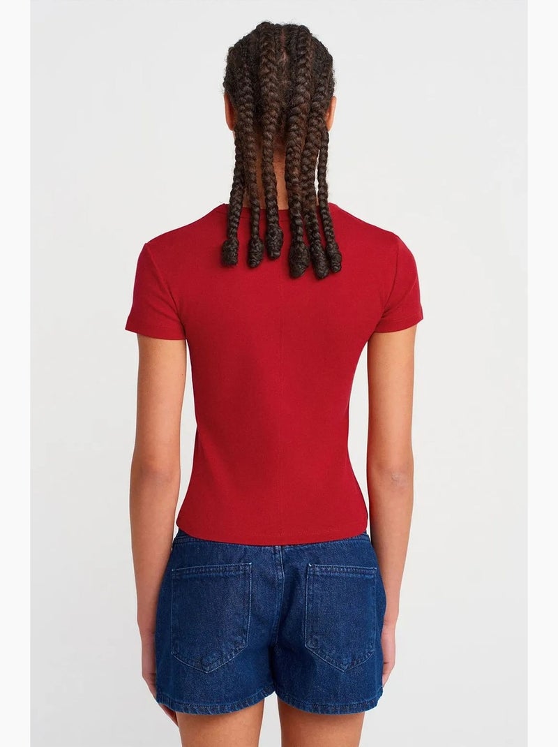 T-shirt ajusté en coton à col v dilvin Rouge - Kiabi