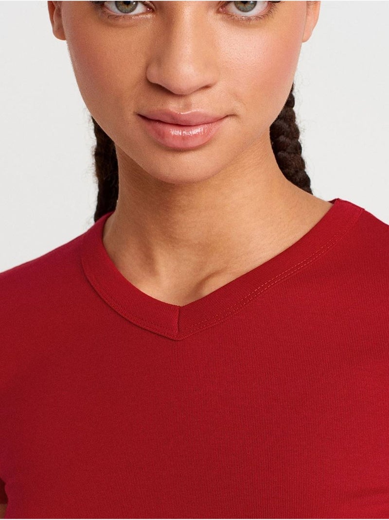 T-shirt ajusté en coton à col v dilvin Rouge - Kiabi