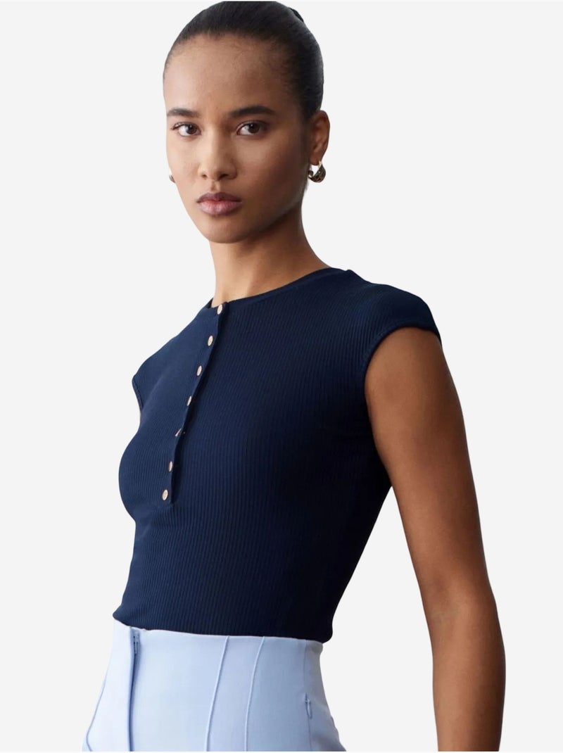 T-shirt ajusté en jersey de coton à col rond dilvin Bleu marine - Kiabi
