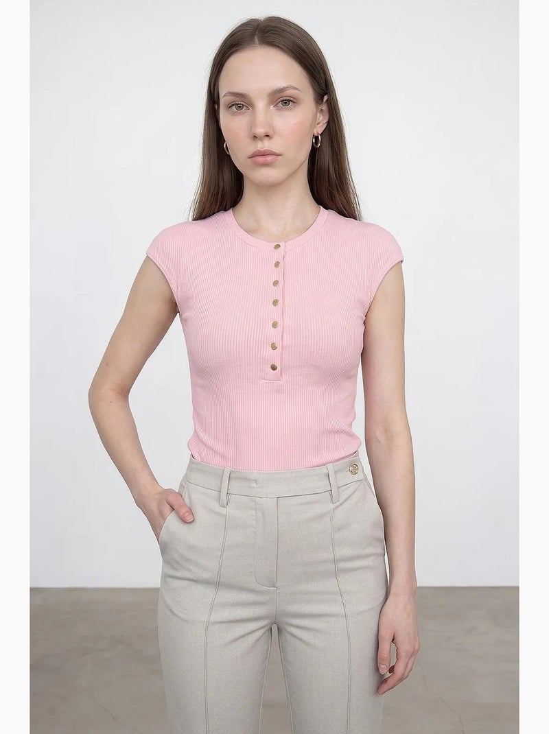 T-shirt ajusté en jersey de coton à col rond dilvin Rose clair - Kiabi
