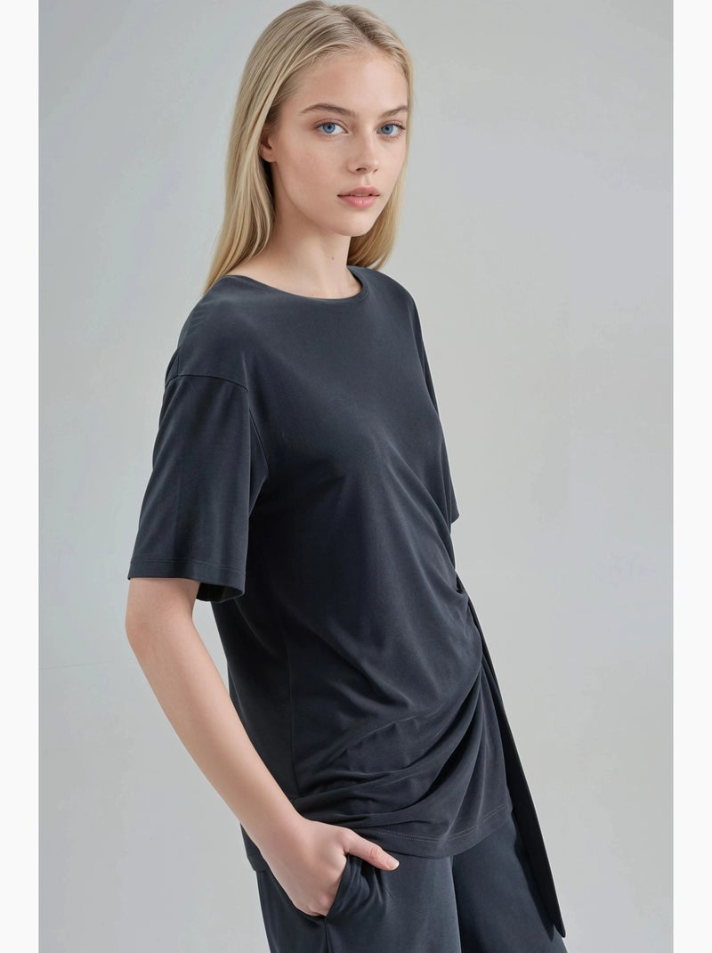 T-shirt ample col rond modal manches courtes lien à nouer busem Gris foncé - Kiabi