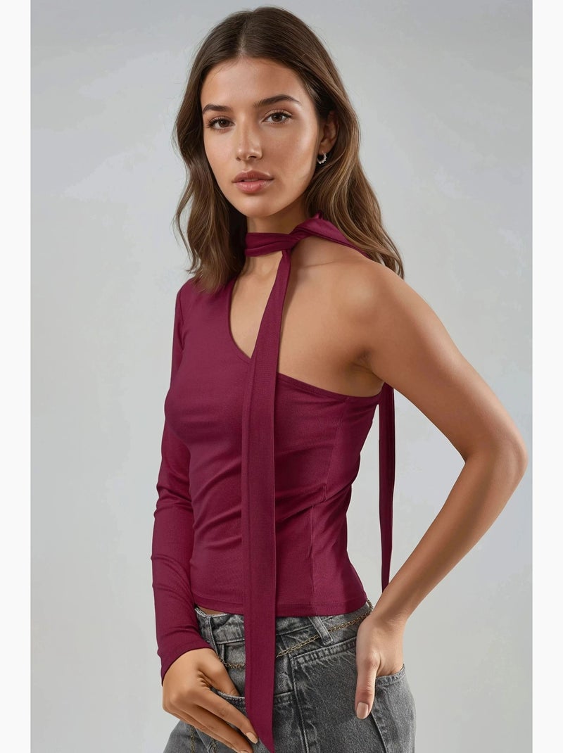 T-shirt asymmetrisch één mouw sjaaldetail busem Bordeauxrood - Kiabi