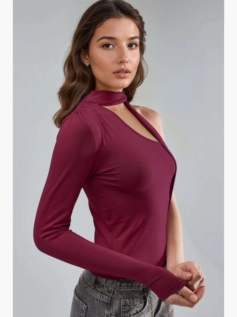 T-shirt asymmetrisch één mouw sjaaldetail busem Bordeauxrood - Kiabi