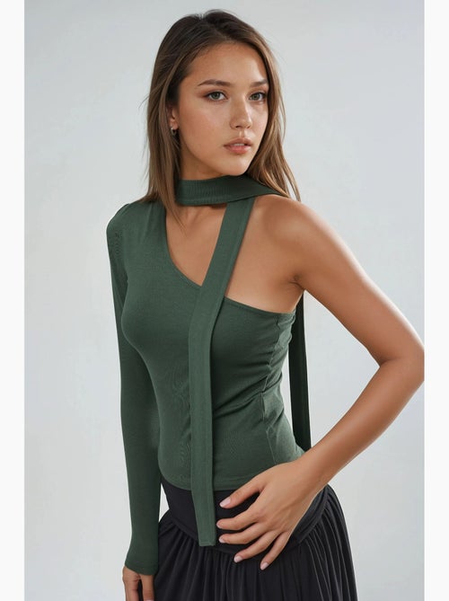 T-shirt asymmetrisch één mouw sjaaldetail busem - Kiabi T-shirt asymmetrisch één mouw sjaaldetail busem - Kiabi