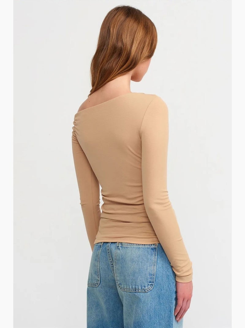 T-shirt asymmetrische hals lange mouwen aansluitend dilvin Klei-beige - Kiabi