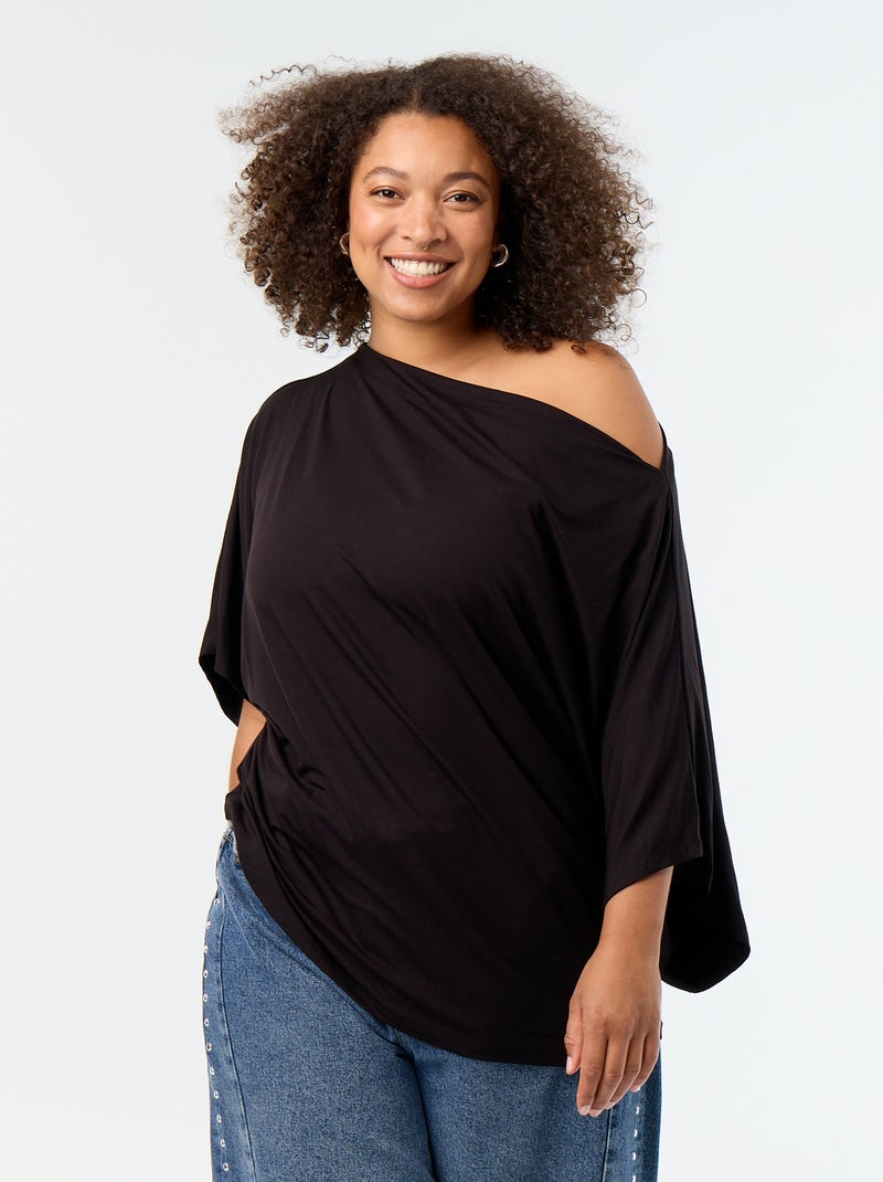 T-shirt avec col bénitier et manches courtes Noir - Kiabi