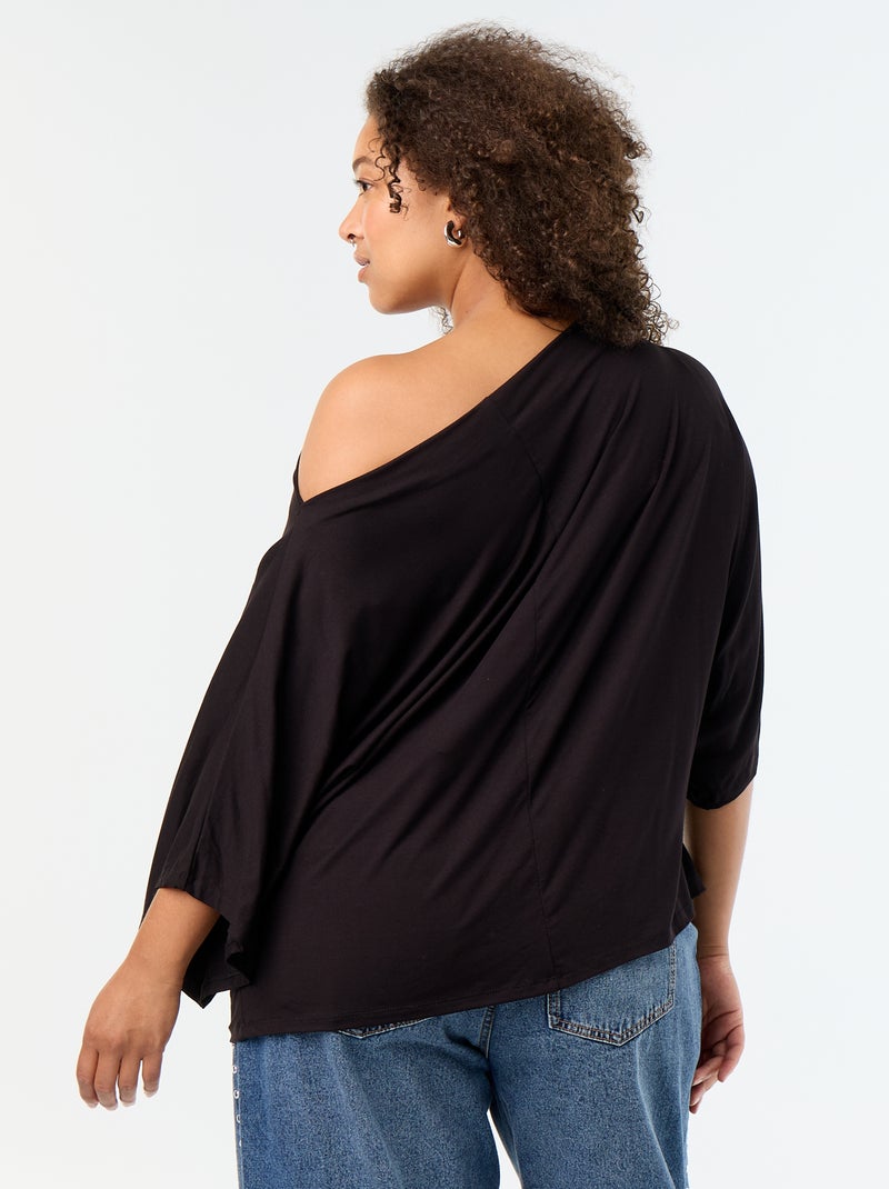 T-shirt avec col bénitier et manches courtes Noir - Kiabi