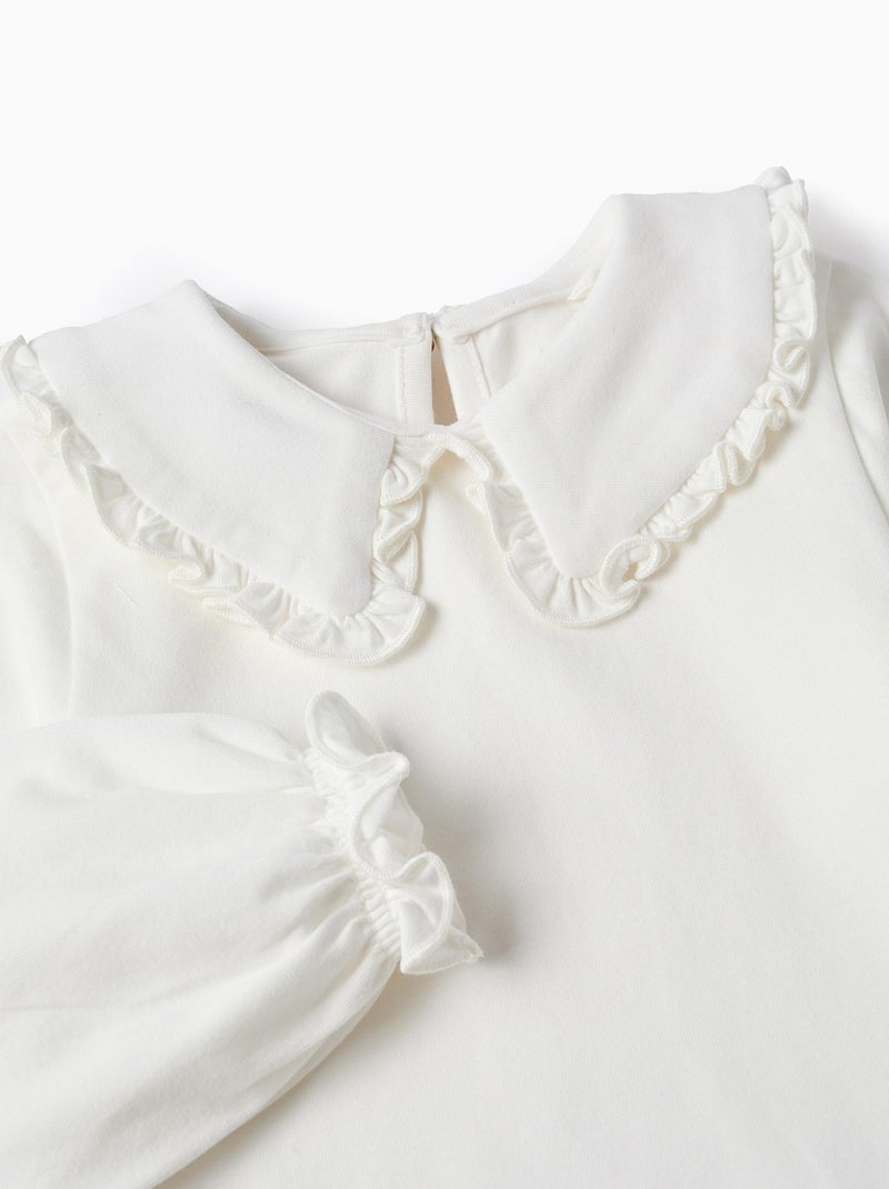 T-Shirt avec Col Claudine et Volants Blanc - Kiabi