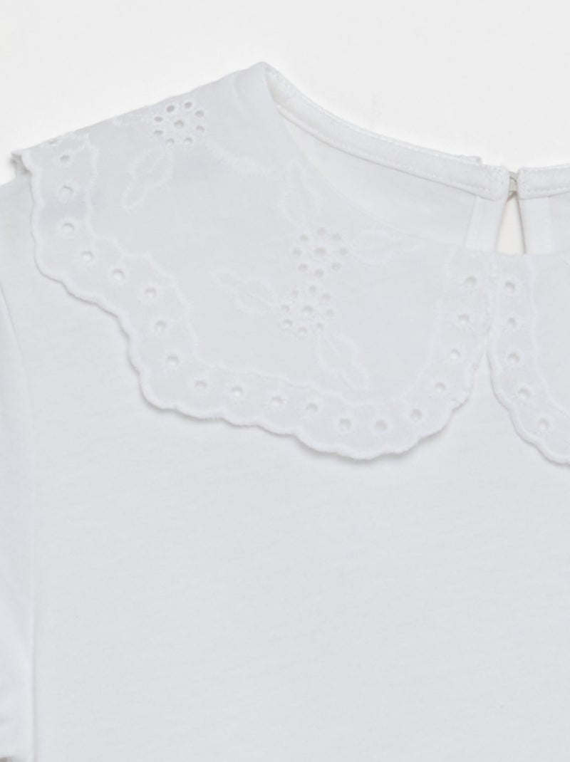 T-shirt avec col en broderies anglaises Blanc - Kiabi
